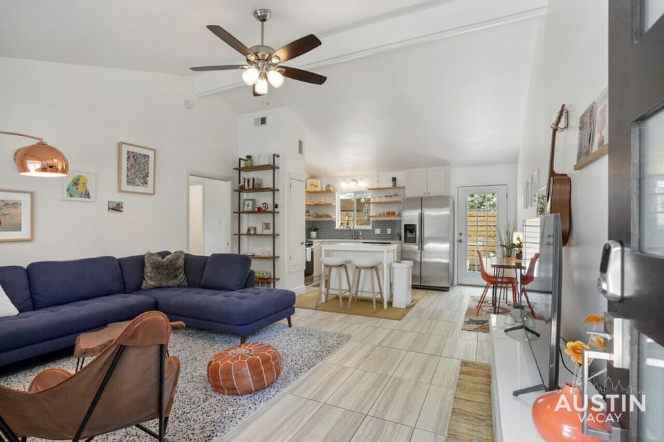Open living room with comfortable seating and smart tv