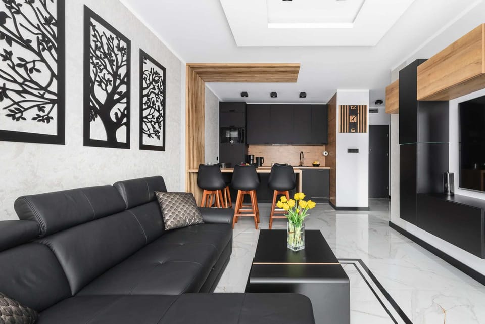 Classic living room in black and white color scheme with a corner sofa bed, TV and kitchenette.