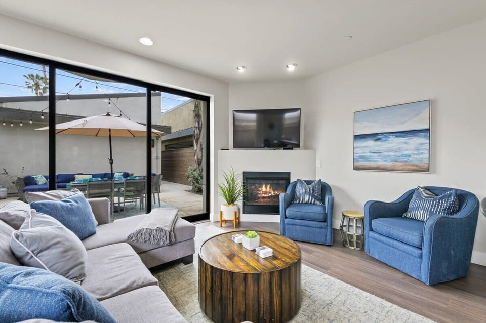 Living room (TV, fireplace, AC, large windows to backyard)
