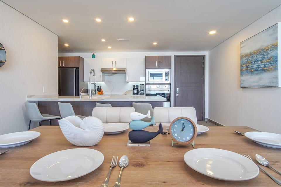 Dining table and kitchen