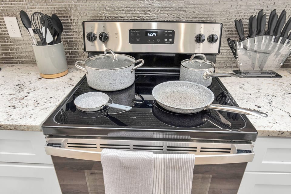 Pots, Pans, knives set, and kitchen utensils