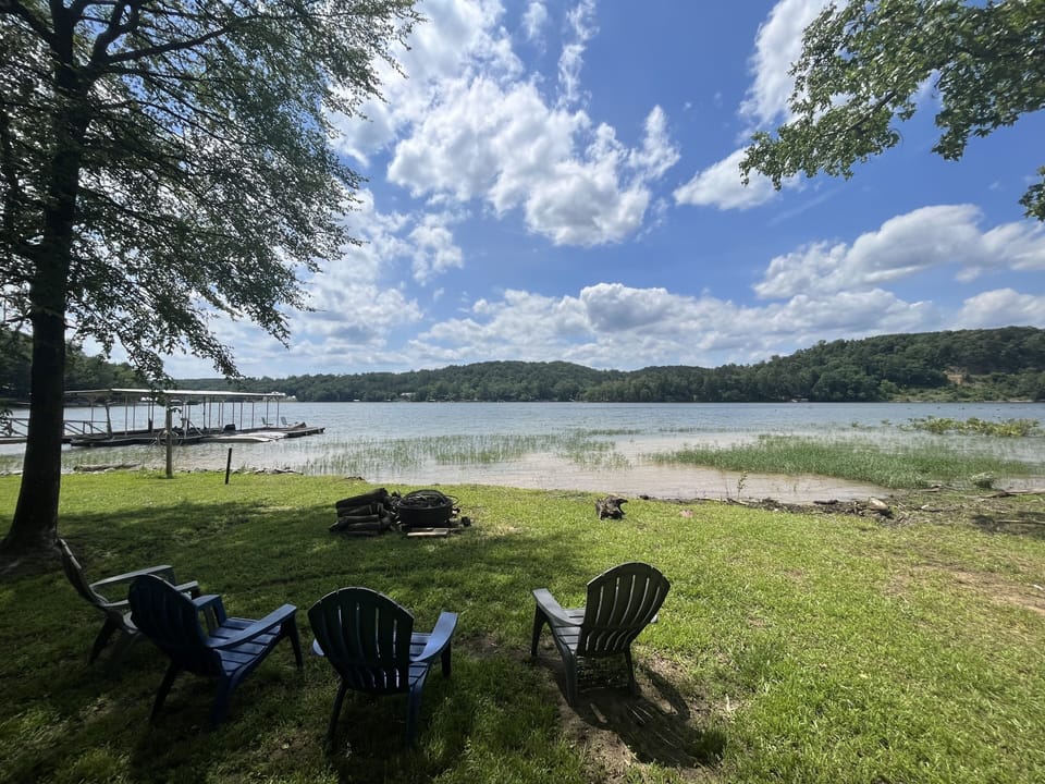 We do have a dock now! Nice cozy seating with fireplace. 