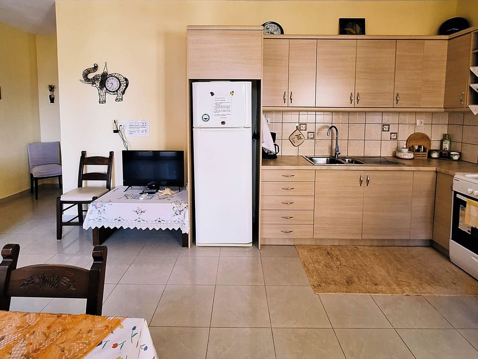 Fully equipped kitchen with electric stove and refrigerator