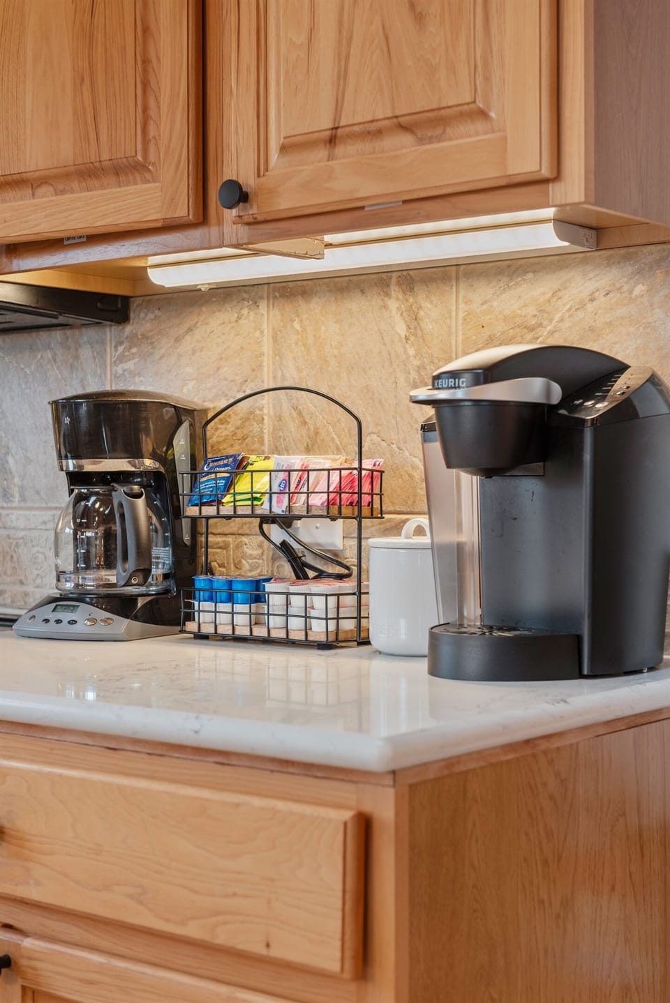 Coffee station is ready for single cups or full pots, morning or night.