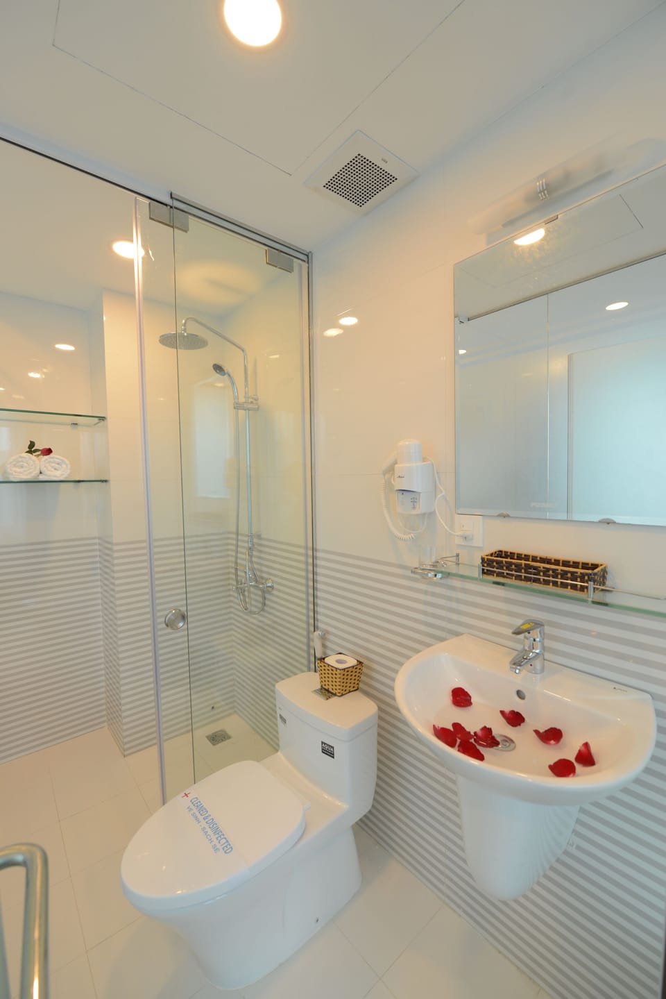 Shower, hair dryer, bathrobes, slippers
