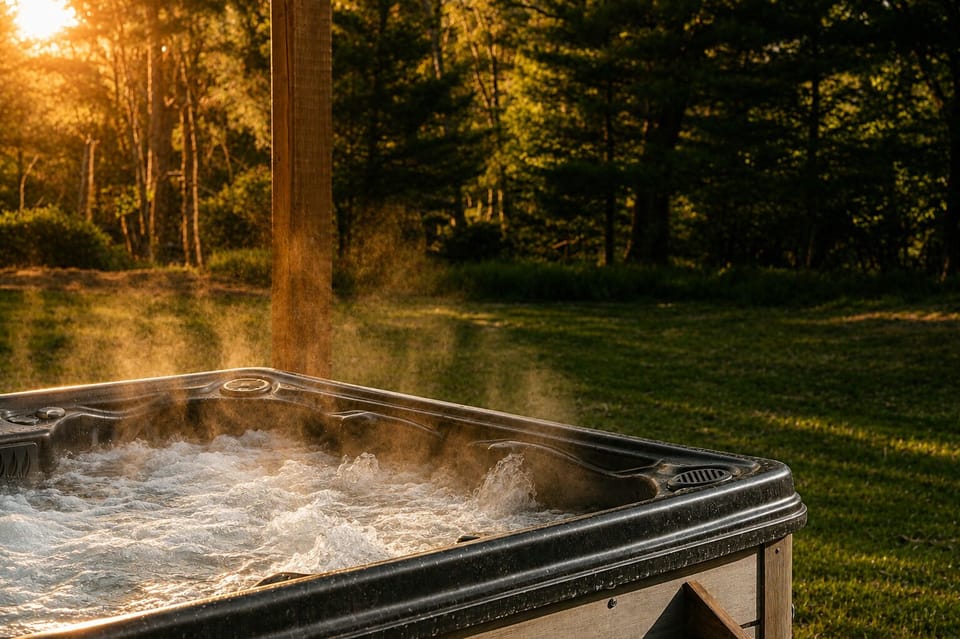 Steam rises from the private hot tub as sunlight filters through the dense Catskills forest. Soak in the warmth on the grassy lawn while watching for local wildlife like deer and turkeys in this quiet, wooded Narrowsburg retreat.