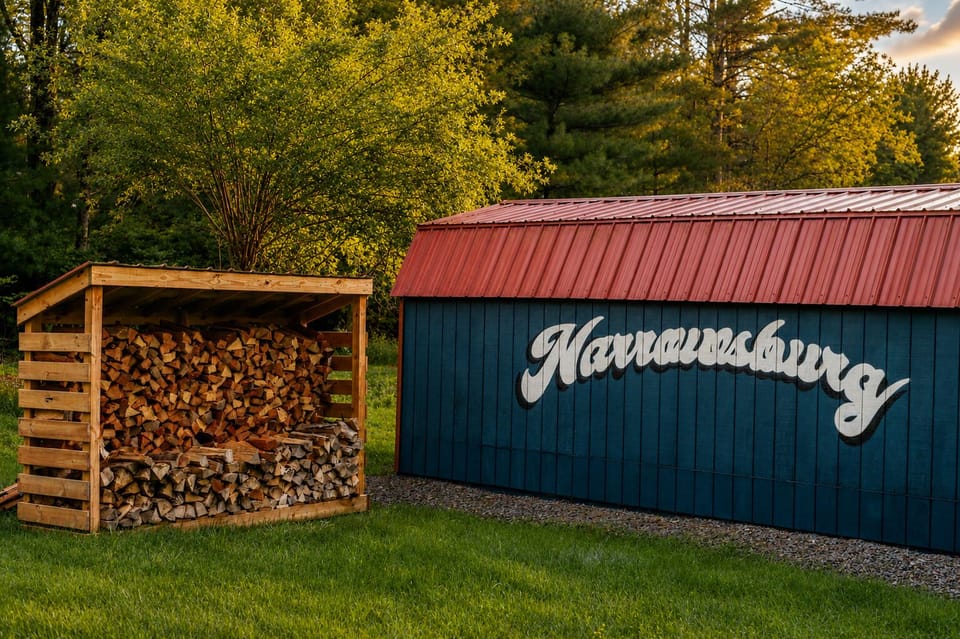 Grab a few logs from the woodpile if you're keeping a fire going during your stay. The Narrowsburg sign on the barn makes for a fun photo before you head back inside.