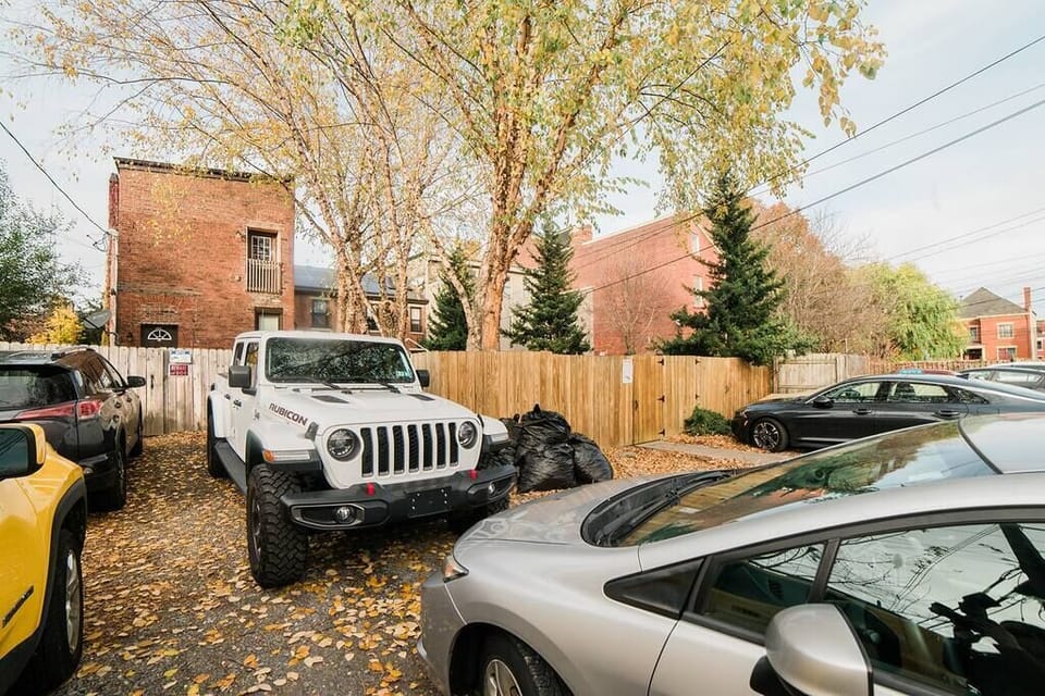 Parking, you can fit two cars, park then as seen in the photo on the right hand side (where the jeep is)