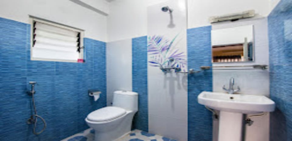 Shower, rainfall showerhead, towels, soap