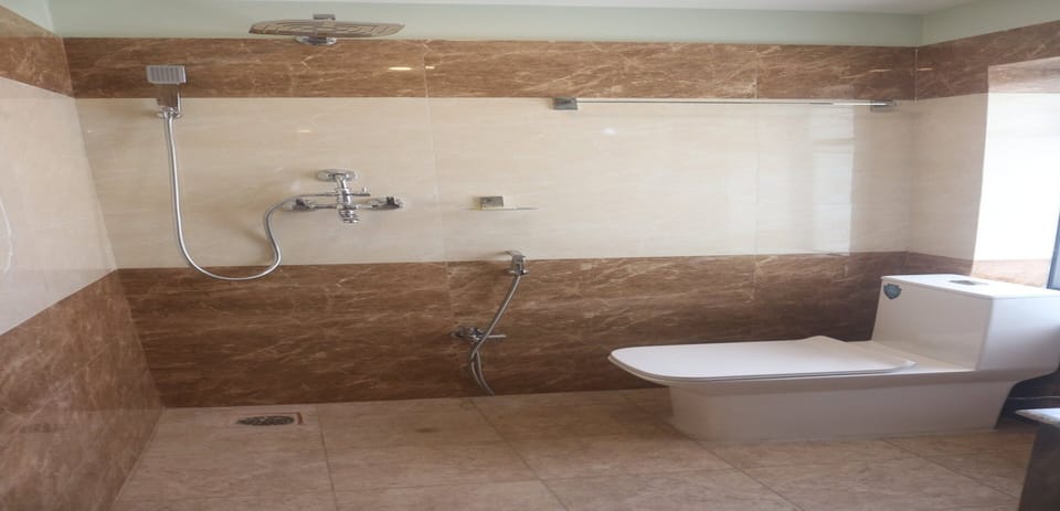 Shower, rainfall showerhead, towels, soap