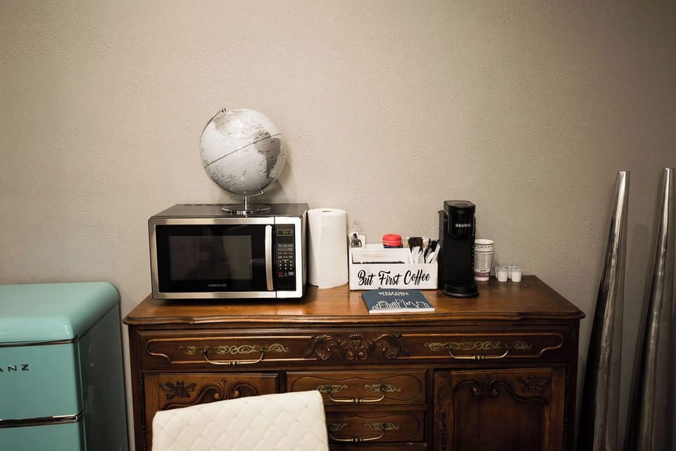 We provide plenty of coffee, creamer, to go cups, and plastic cutlery for your stay.