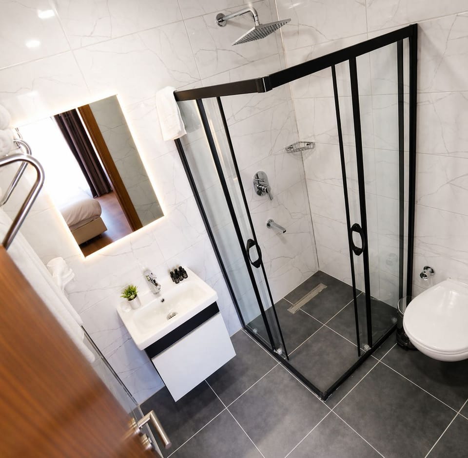 Shower, rainfall showerhead, hair dryer, slippers