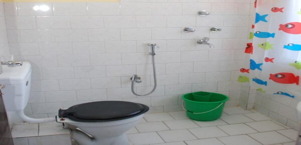 Shower, rainfall showerhead, towels, soap