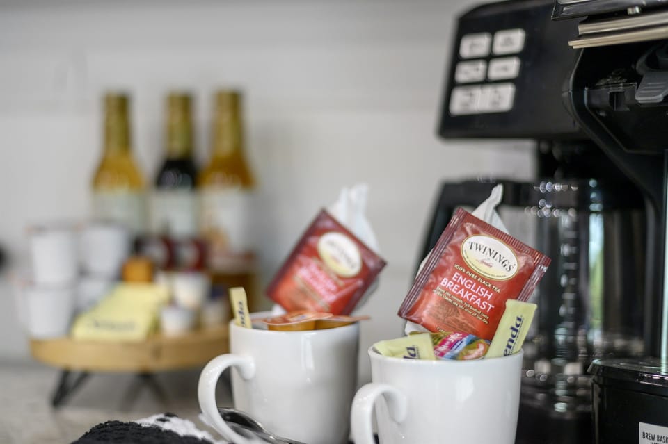 Coffee, tea, sugar, creamer, syrups are complimentary to our guests