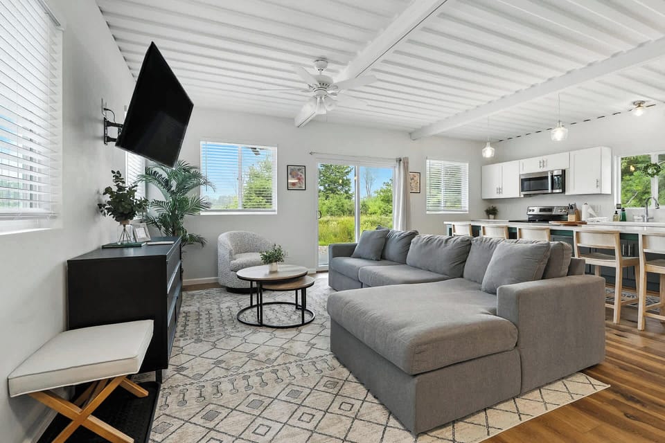 Welcome to Fish Creek Pines!
Smart TV in living room with Amazon Fire TV Stick. Guests may log in to streaming devices using their own accounts.