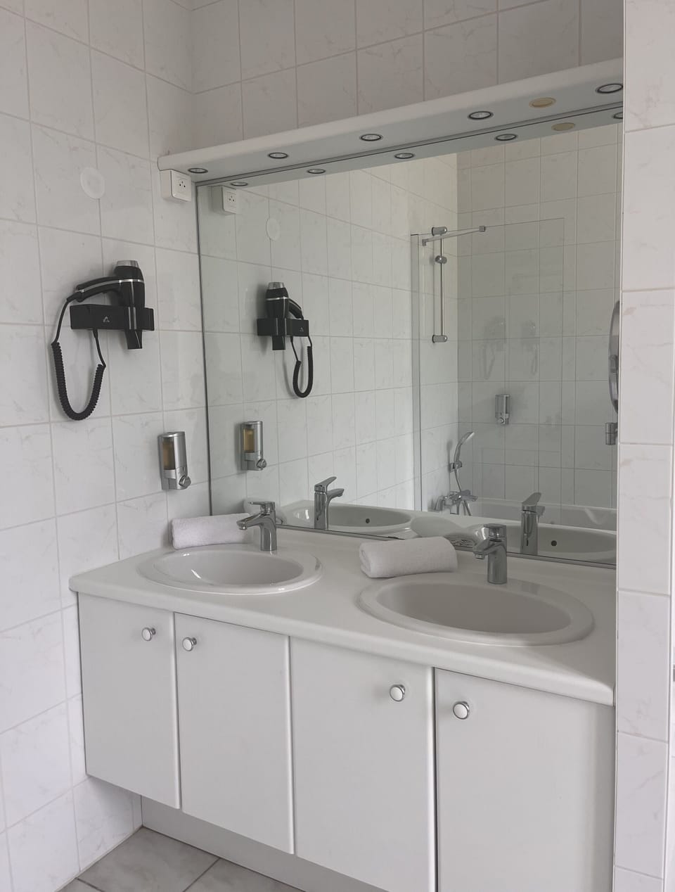 Hair dryer, towels, soap, shampoo
