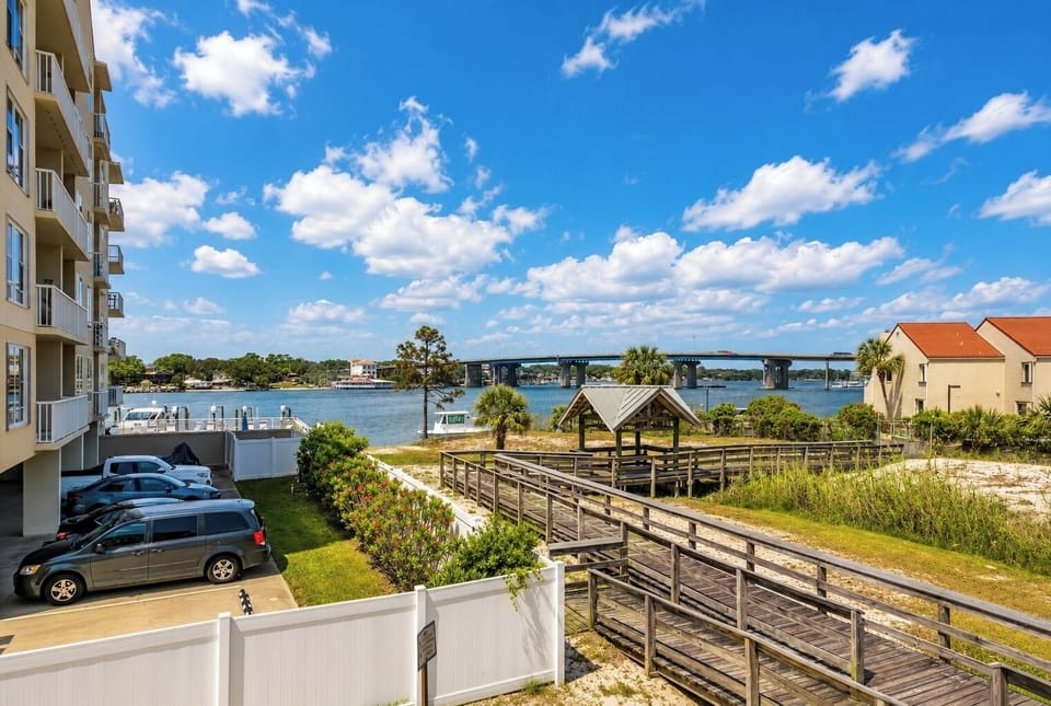 Coastal resort with scenic boardwalk view
