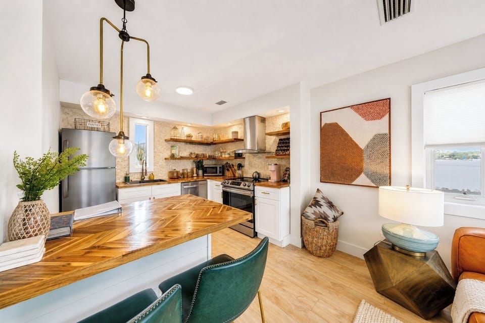 Modern farmhouse kitchen with cozy living nook