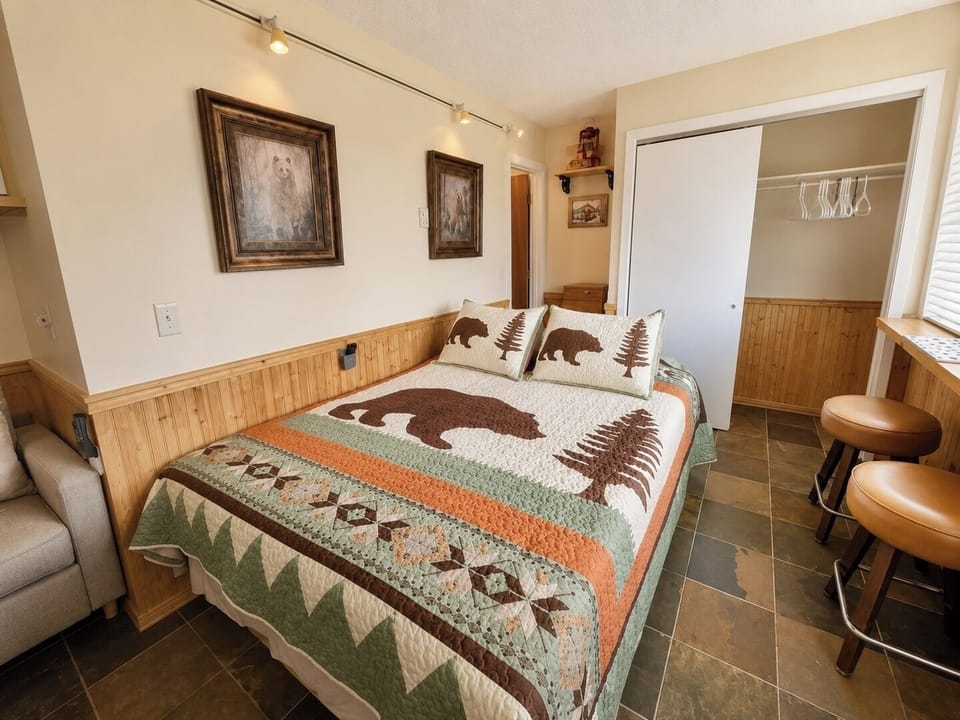 Cozy rustic cabin bedroom interior