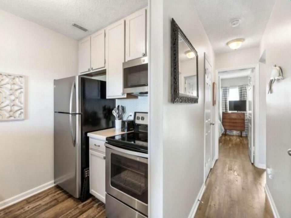 Indoors, Lamp, Kitchen, Microwave, Refrigerator