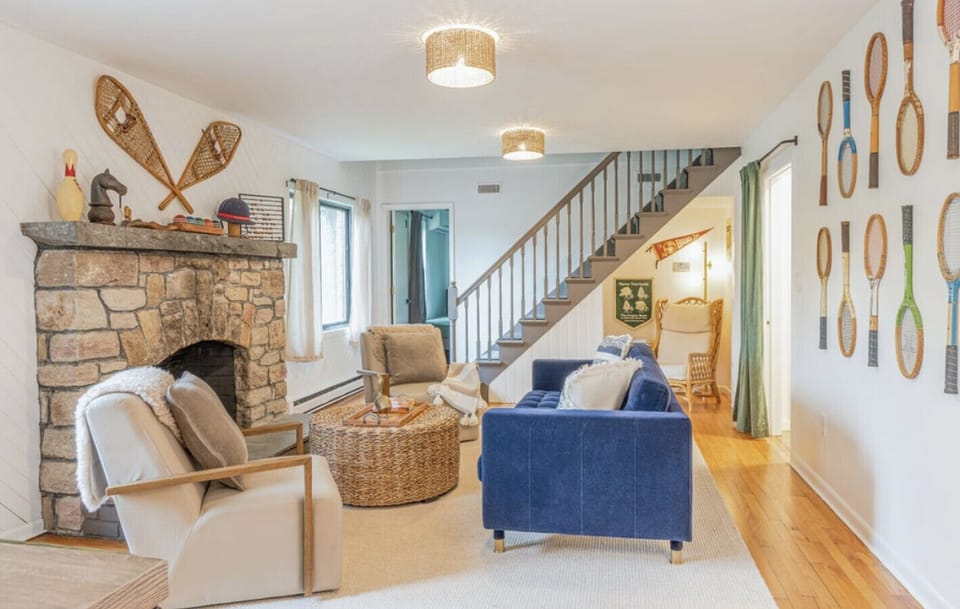 Cozy seating area in front of fireplace