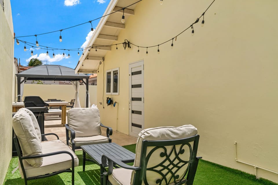 Aerial layout of the fully enclosed backyard featuring a private pool
