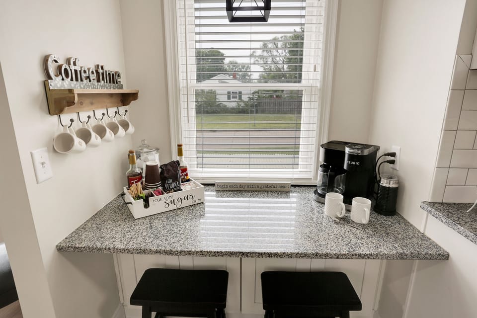 Coffee Available.Keurig single and 12 cup. Coffee, Creamer, sweetener at home. 