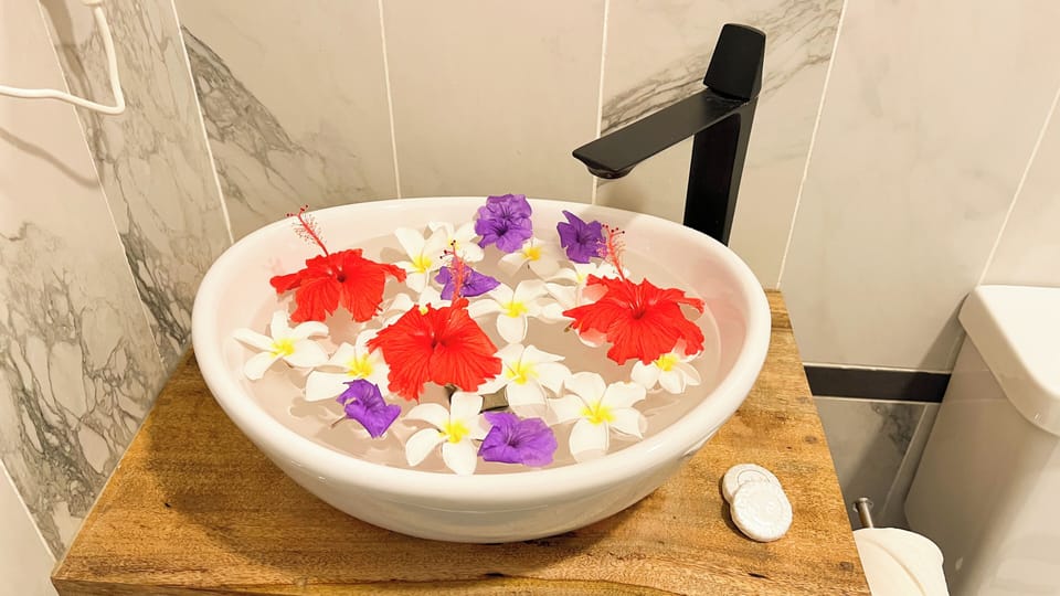 Shower, hydromassage showerhead, free toiletries, hair dryer