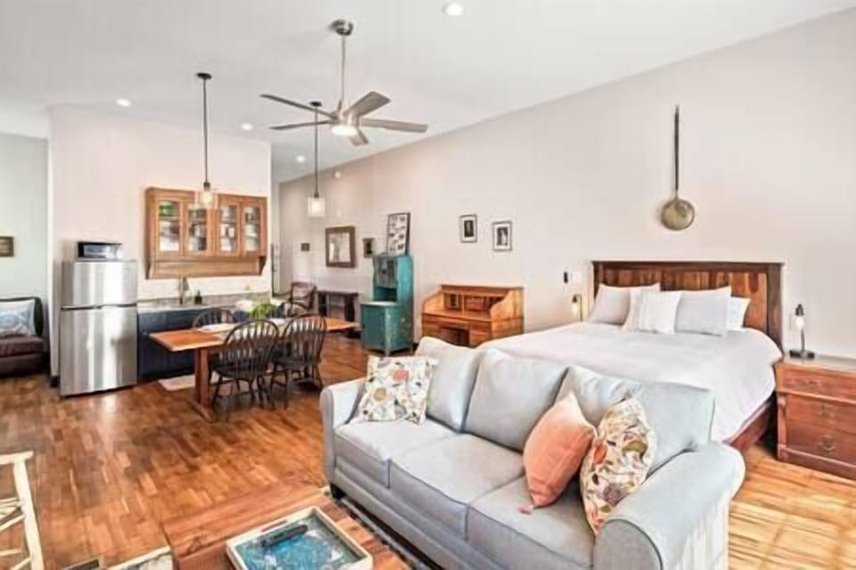 The couch folds out into a bed for up to two guests.