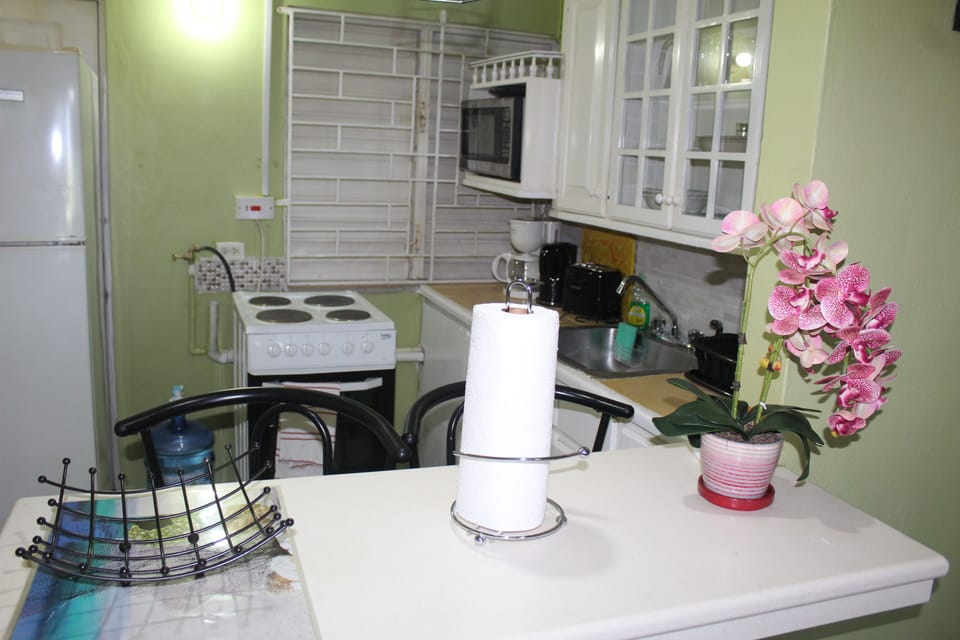 Fully-equipped kitchen with microwave, coffee maker, toaster and more