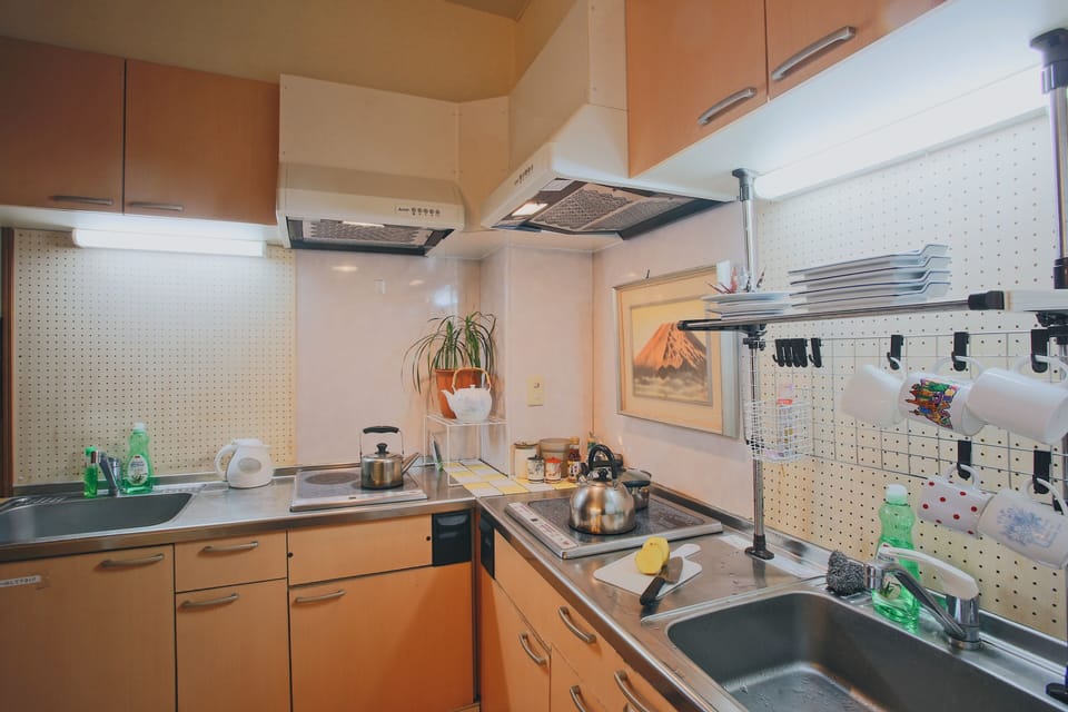 Fridge, microwave, stovetop, cleaning supplies
