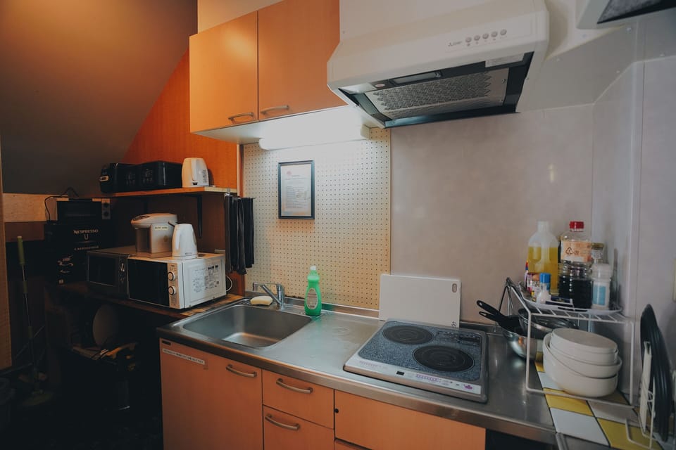Fridge, microwave, stovetop, cleaning supplies
