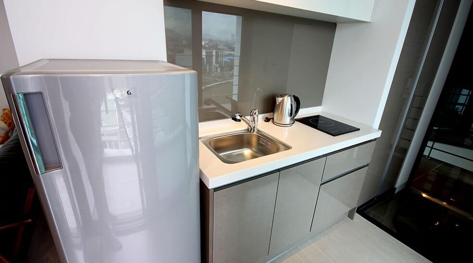 Fridge, microwave, electric kettle