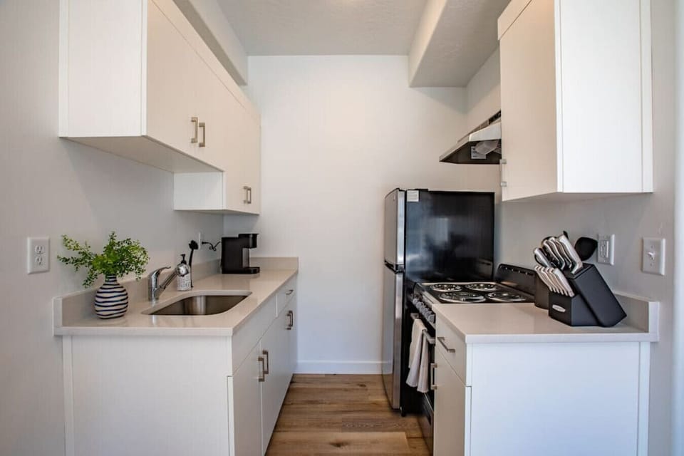 Compact kitchenette with stove, fridge, and modern cabinetry