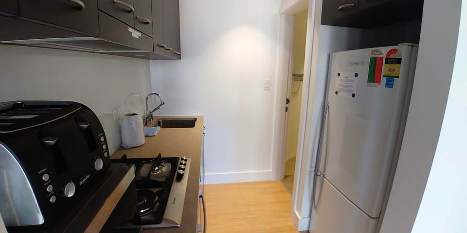 Kitchen has a full size fridge/freezer