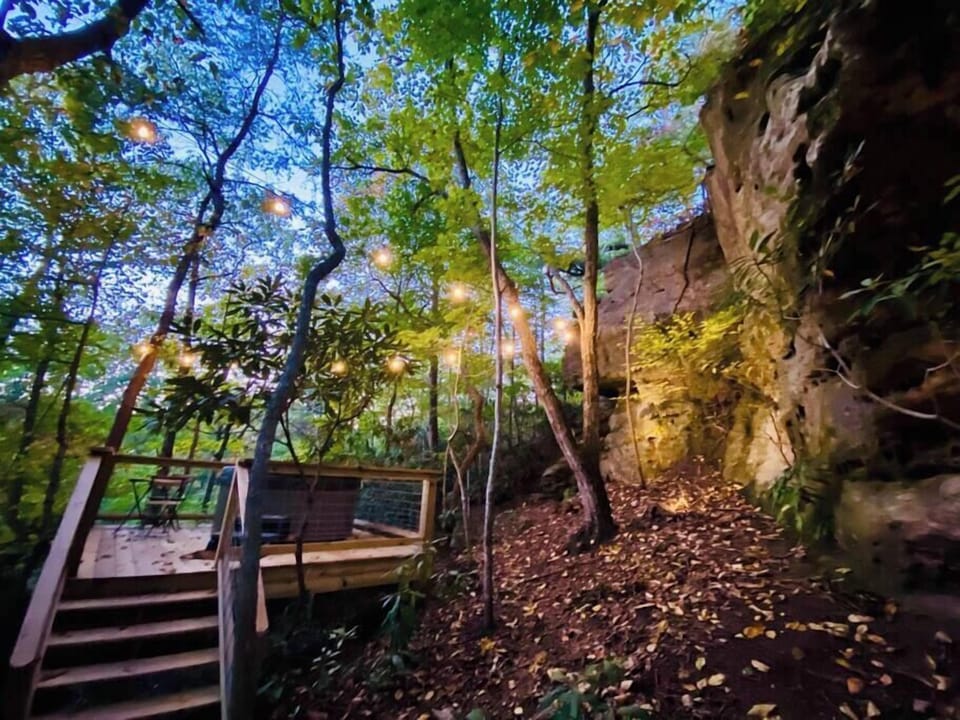 Your private cliffside hot tub deck under the string lights for perfect nights relaxing at your own private getaway. 