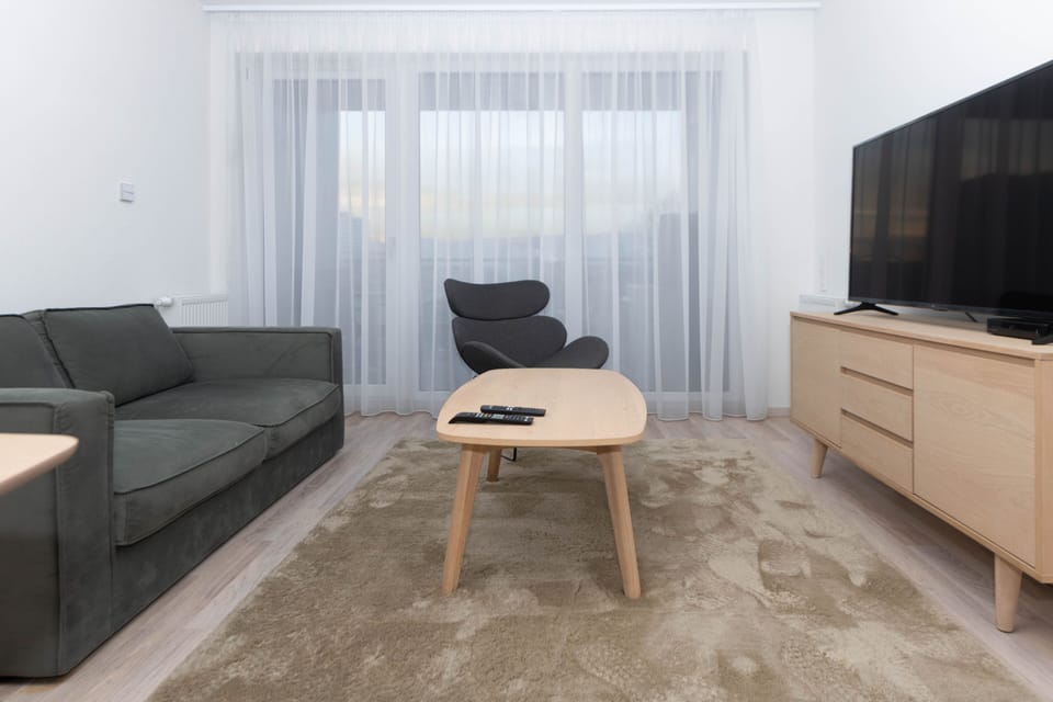 Deluxe Two-Bedroom Apartment with Balcony | Living area | 110-cm Smart TV with digital channels