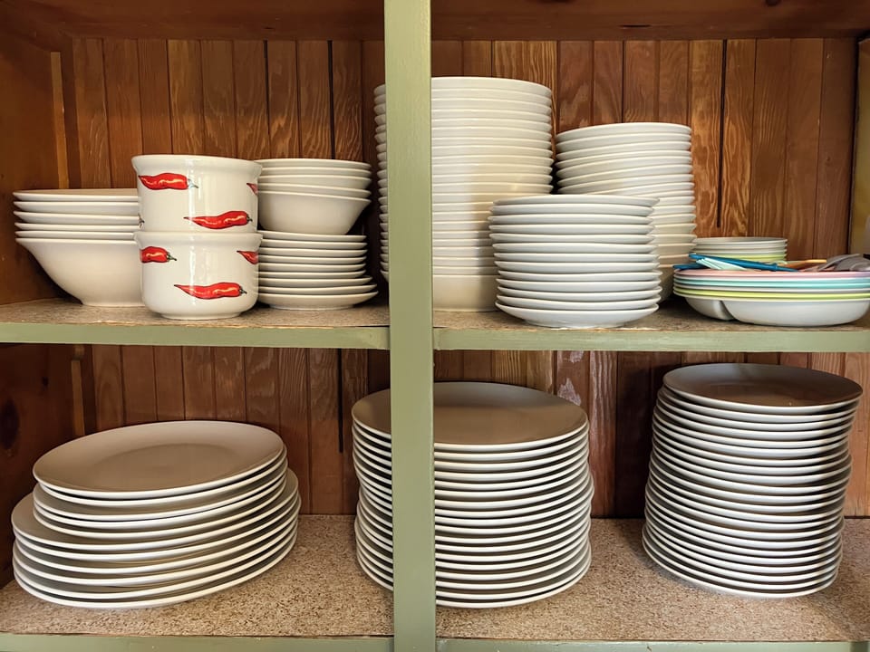No need to do the dishes before the next meal. We supply plenty of everything.