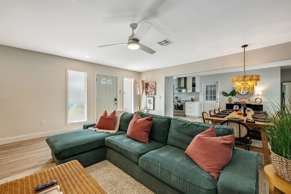 Soft, ambient lighting complements the natural daylight during the day and transforms the living area into a cozy retreat at night.