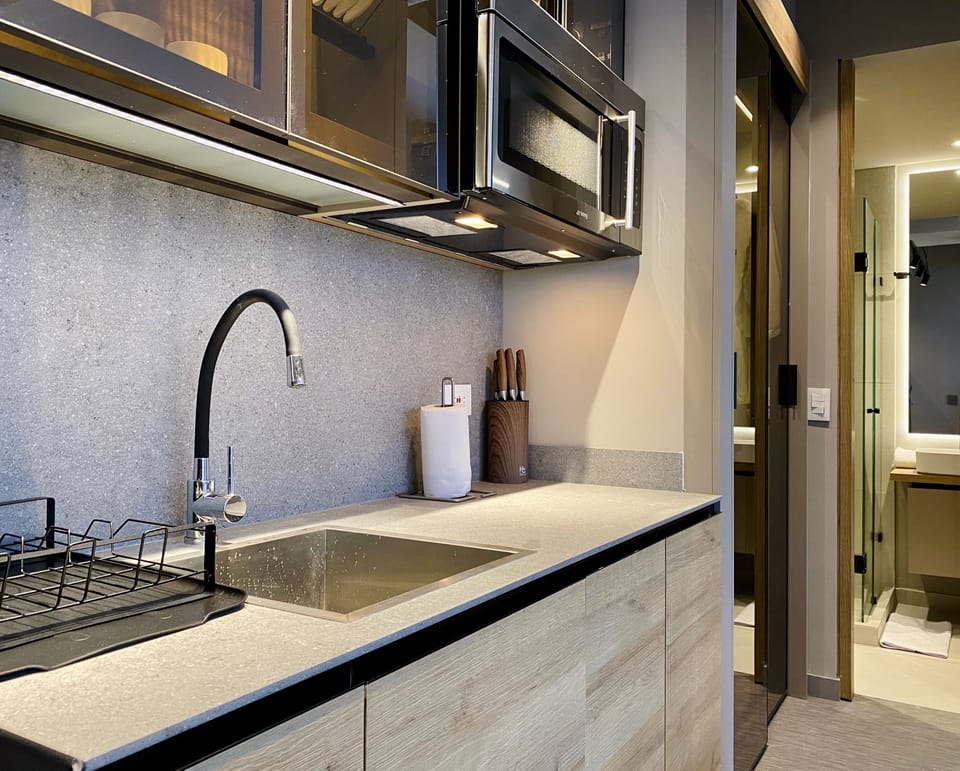Apartment | Private kitchen | Fridge, microwave, electric kettle, griddle