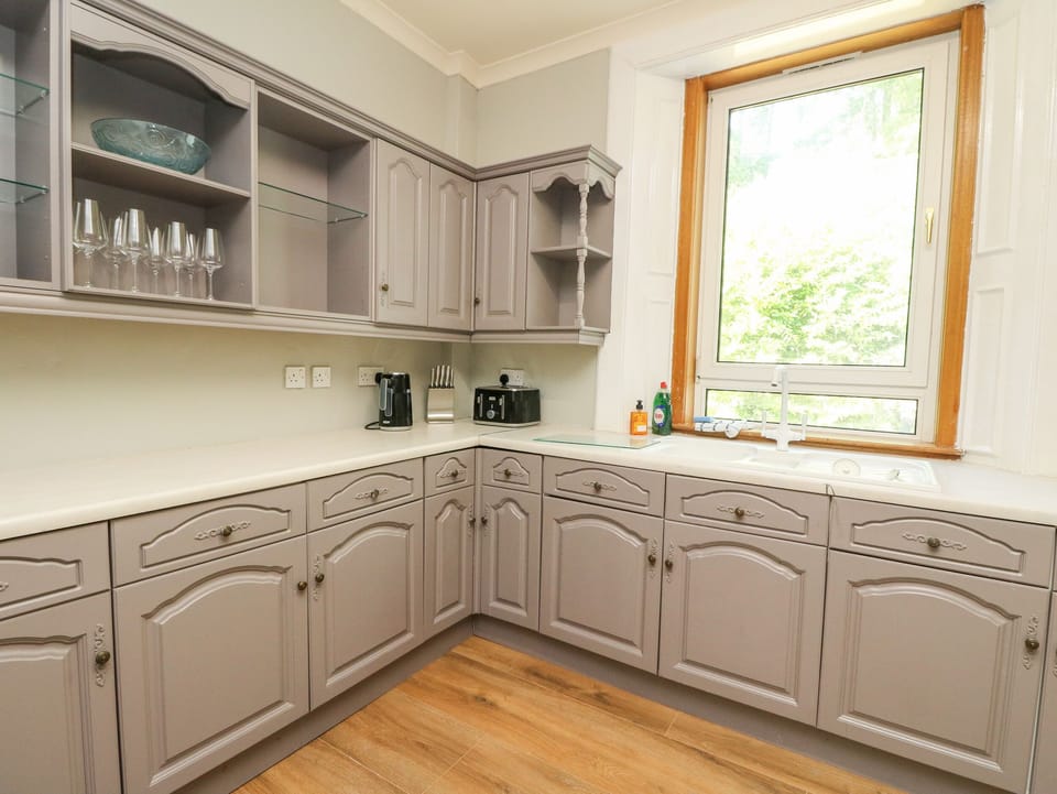 Fridge, electric kettle, toaster, cookware/dishes/utensils