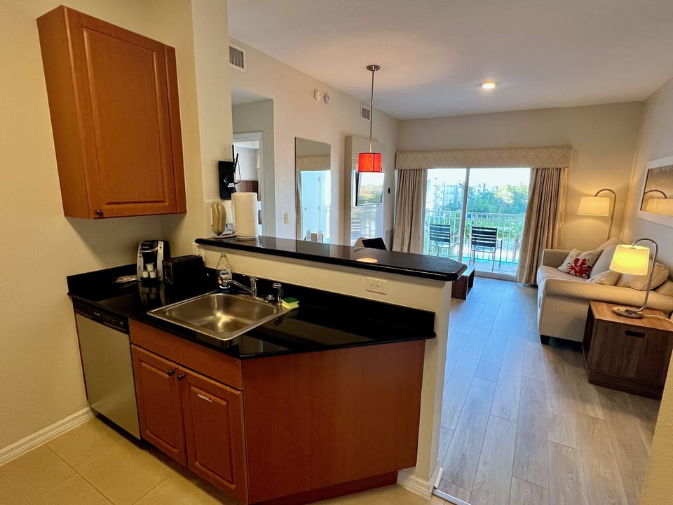 One bedroom suite, King bed, pullout sleeper sofa, Full kitchen, in unit laundry