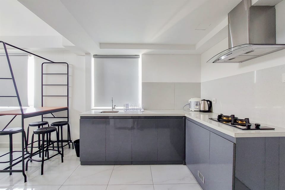 Deluxe Apartment | Private kitchen | Full-size fridge, stovetop, rice cooker, cookware/dishes/utensils