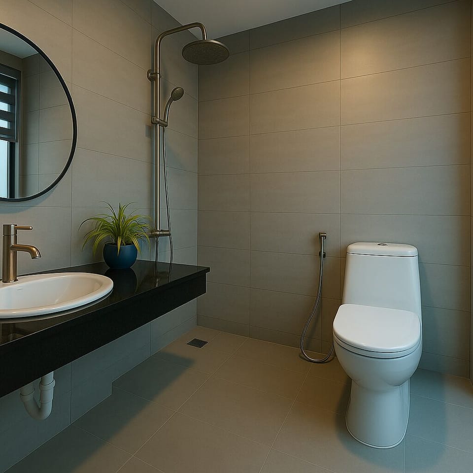 Shower, hydromassage showerhead, designer toiletries, hair dryer