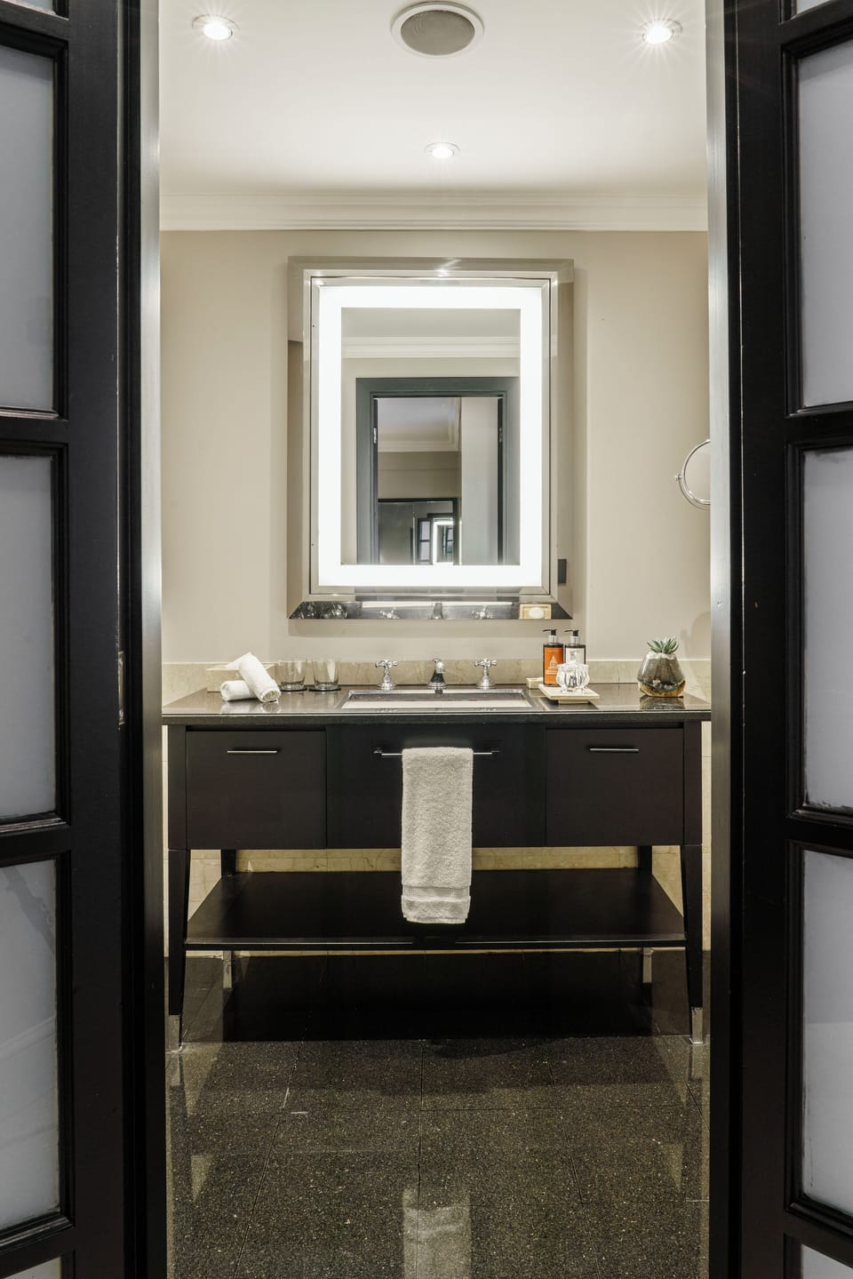 Separate tub and shower, rainfall showerhead, eco-friendly toiletries