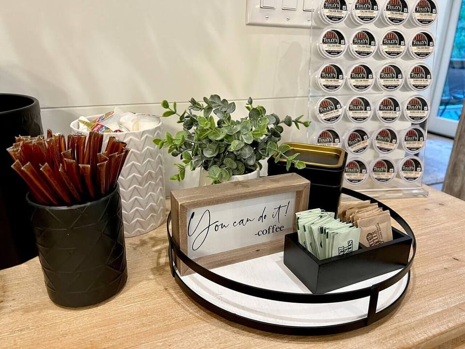 Honey sticks, sugar and stevia in the raw and creamer!  Perfect companions for the provided coffee and tea we get you started with!
