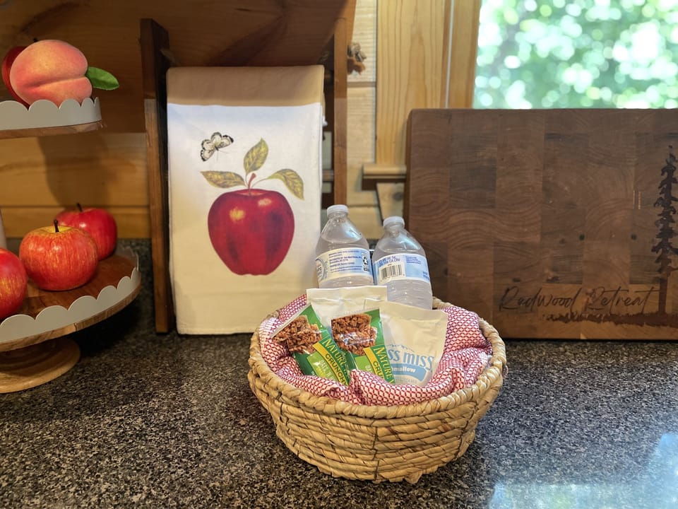 Welcome basket. Thank you for staying at Redwood Retreat.