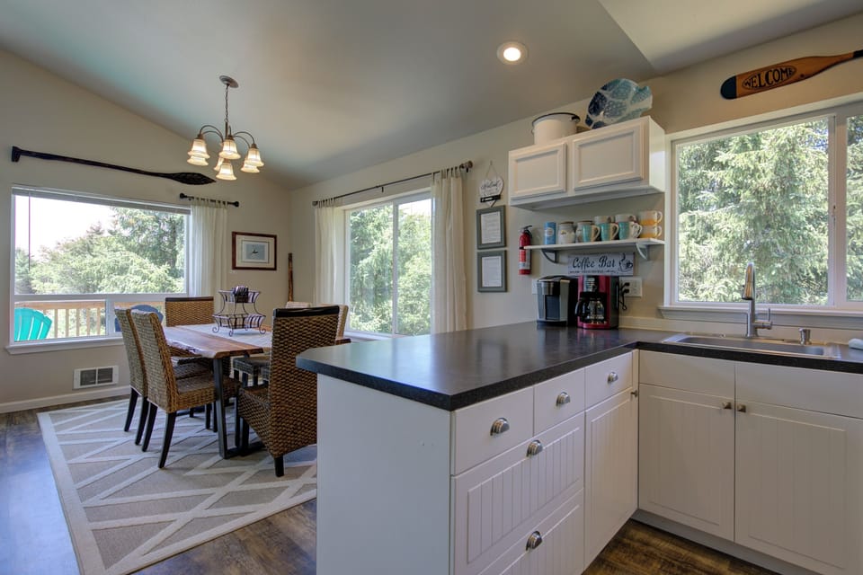 Kitchen and dining with view