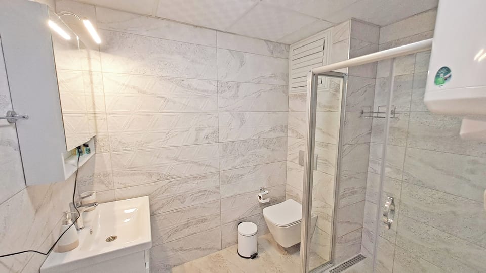 Shower, rainfall showerhead, hair dryer, slippers