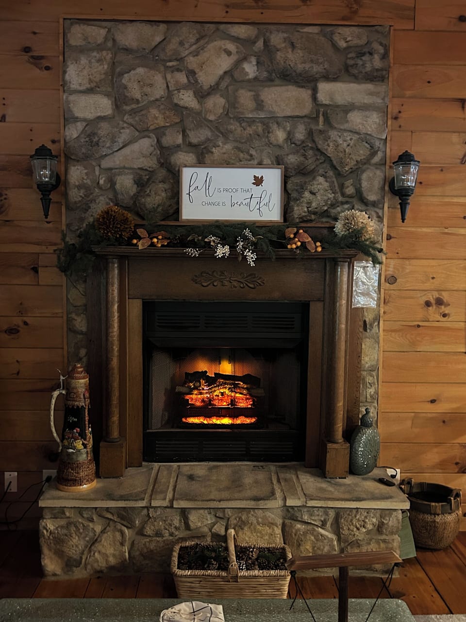 The mantle is always seasonally decorated. Electric fireplace is cozy and warm.